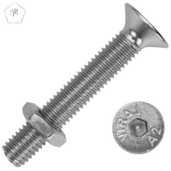 Senkkopfschrauben M3 X 4/4 bis M12 X 150/150 mit Innensechskant DIN 7991 Edelstahl A2 und Sechskantmuttern M3 bis M12 niedr. Form DIN 439 Edelstahl A2